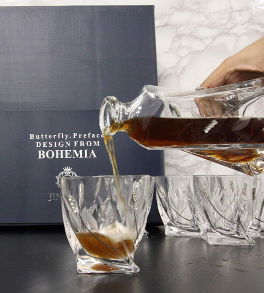 7 Piece Whiskey Scotch Brandy Set Elegant Clear Glass Decanter And DOF Glasses - Ebros Gift