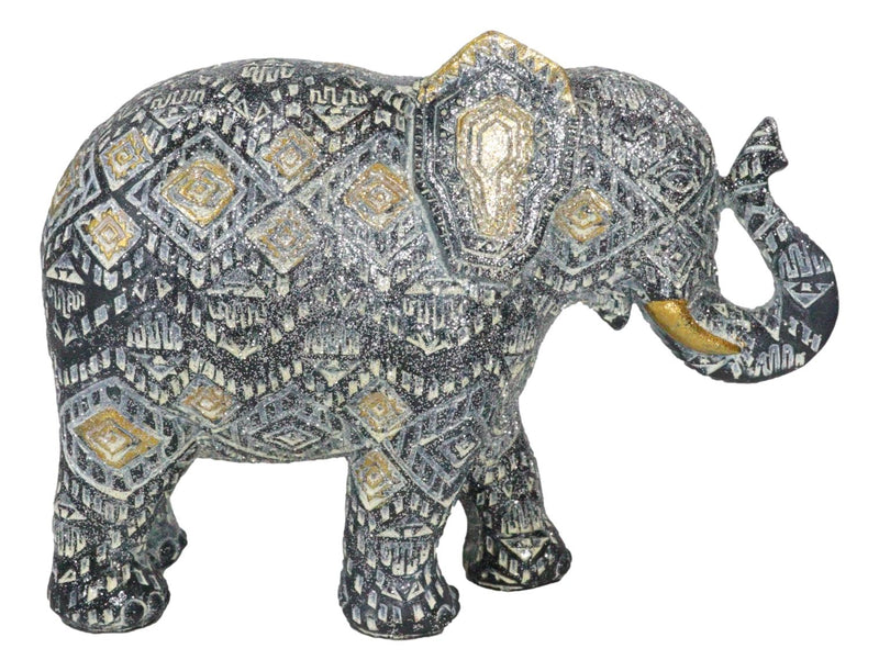 Auspicious Grey Glossy Mosaic Design Noble Aztec Elephant with Trunk Up Figurine