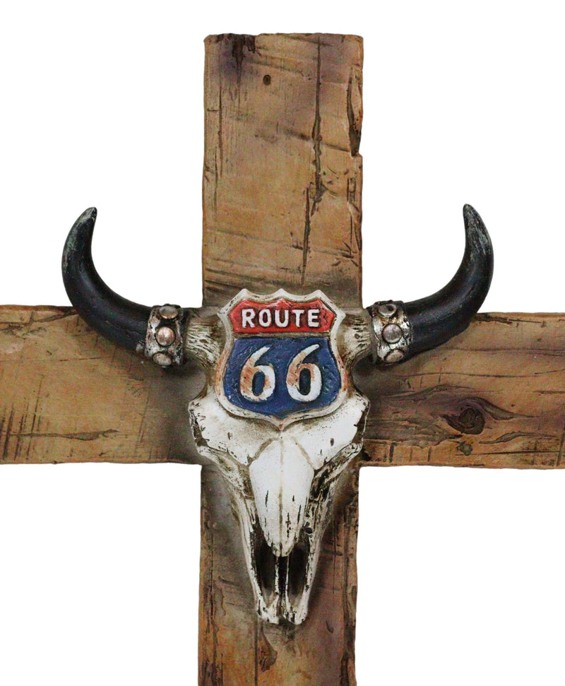 Rustic Western Cow Skull Nostalgic Route 66 Highway Sign Faux Wooden Wall Cross