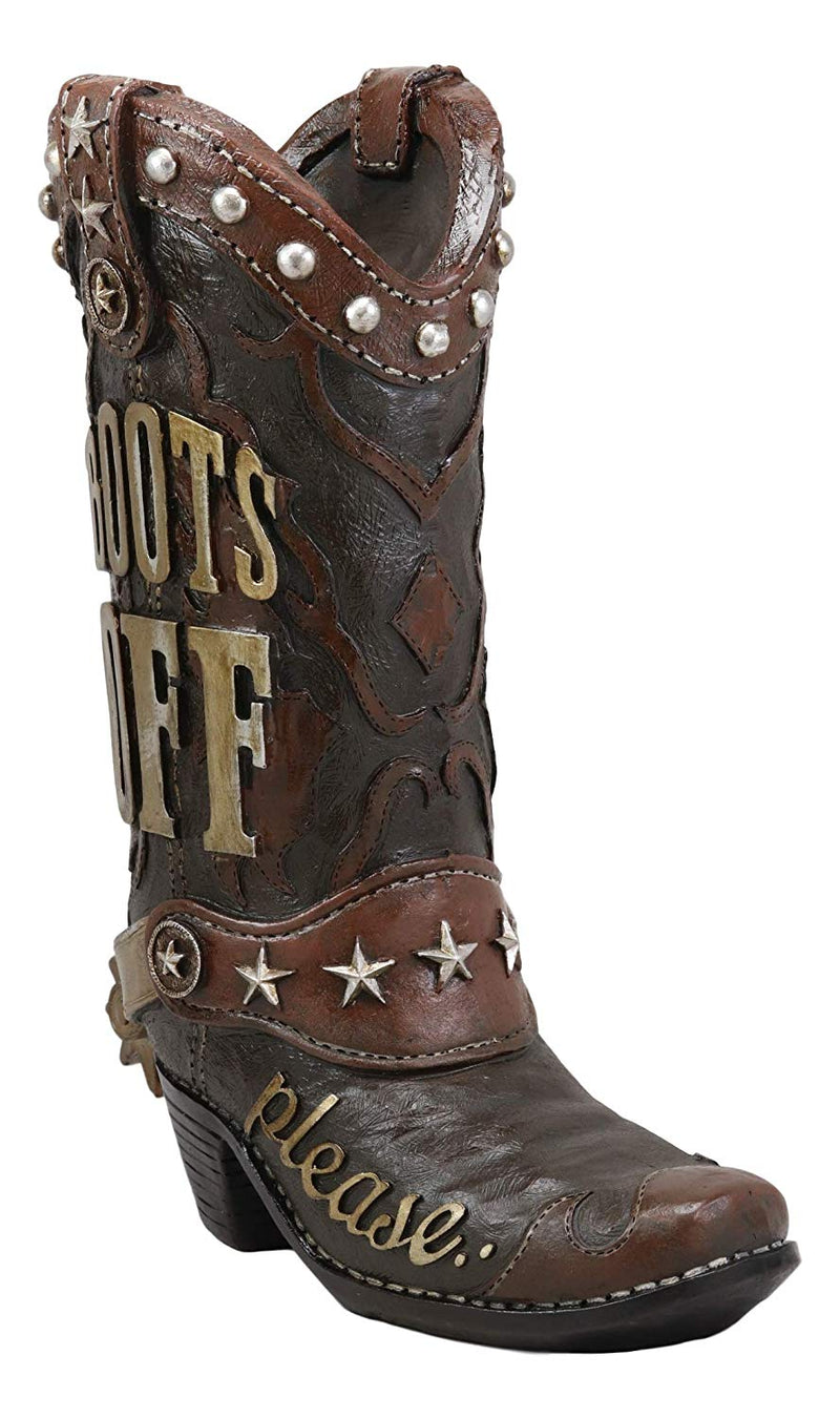 Ebros Gift 13" Tall Rustic Western Brown Cowboy Boot With Spur And Western Stars In Tooled Leather Design Decorative Figurine Courtesy Sign 'Boots Off Please' For Home Entrance Mudroom Backyard Patio