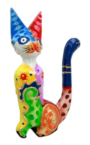 Balinese Wood Handicrafts Colorful Feline Cat Family Set of 3 Decor Figurines