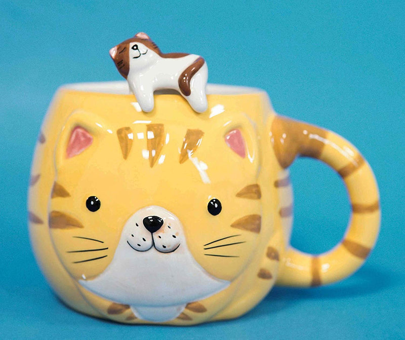 Ebros Orange Tabby Cat Ceramic Coffee Mug With Kitten Latch On Spoon Set 5.5"L