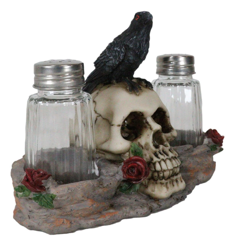 Ebros Day Of The Dead Raven Crow W/ Rose Skull Salt & Pepper Shakers Holder Set