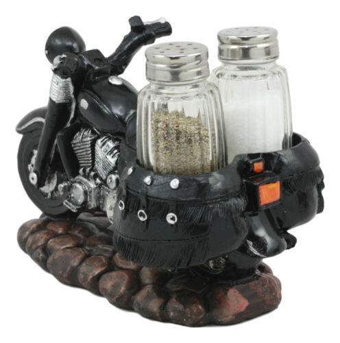 Retro Black Chopper Road Hog Motorcycle Salt And Pepper Shakers Holder Figurine