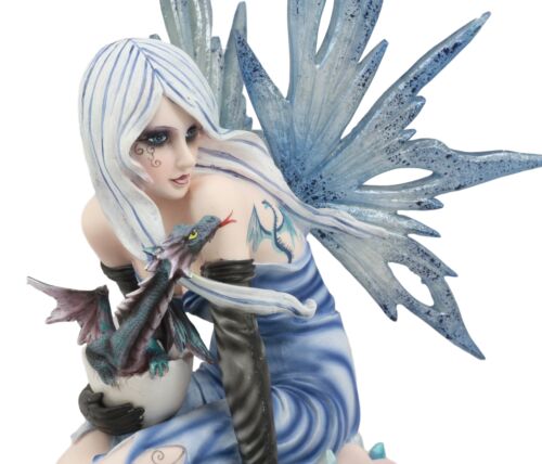 Elemental Ice Goddess Blue Fairy With Baby Dragon Hatchling Statue 12.25"Tall