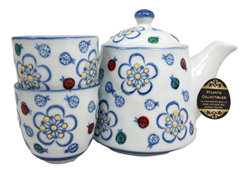 Ebros Colorful Ladybug & Flowers Pattern Glazed Ceramic 16oz Tea Pot & Cups Serves 2