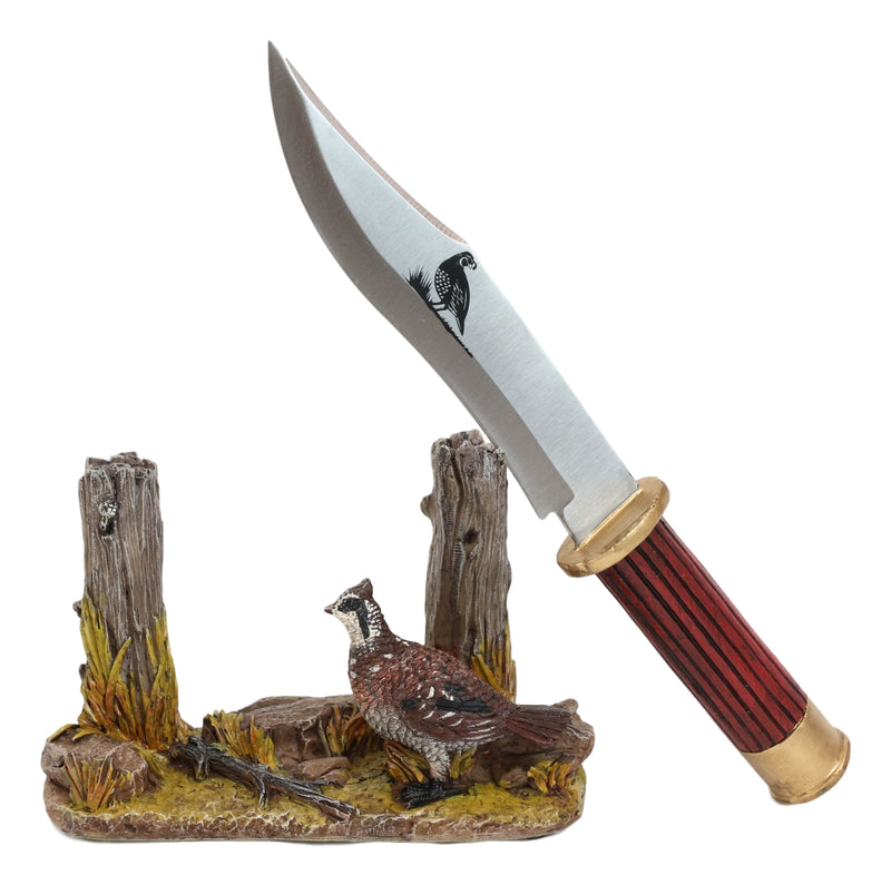 Rustic Quail Hen Bird Display With Decorative Shotgun Shell Knife Statue Set
