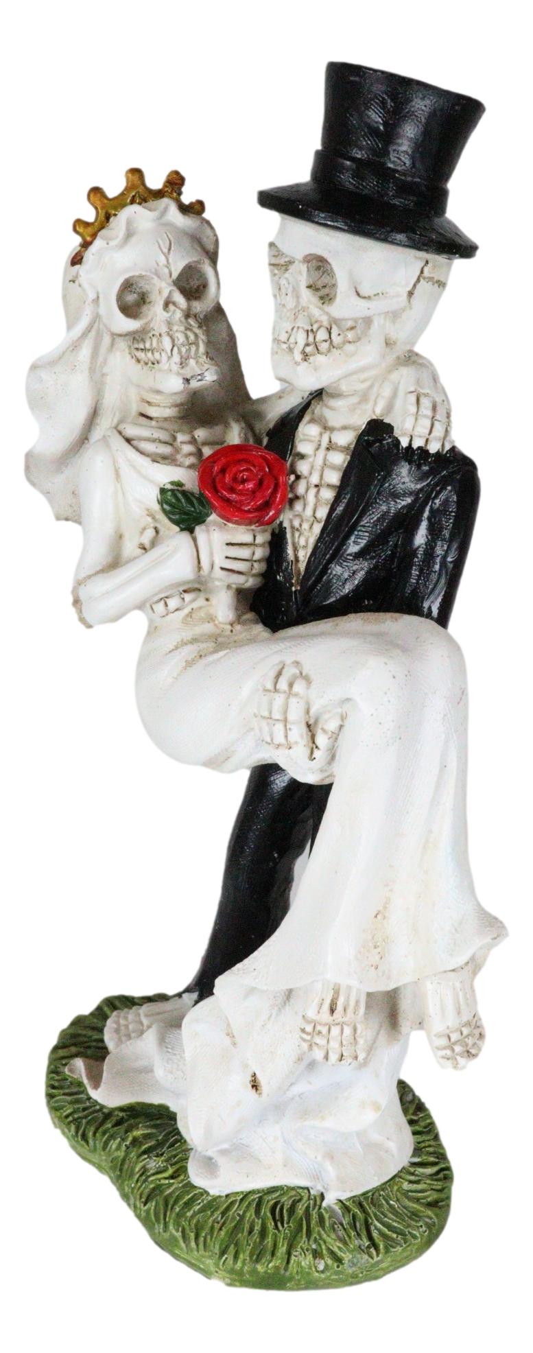 Love Never Dies Day of The Dead Skeleton Groom Carrying Bride With Rose Figurine