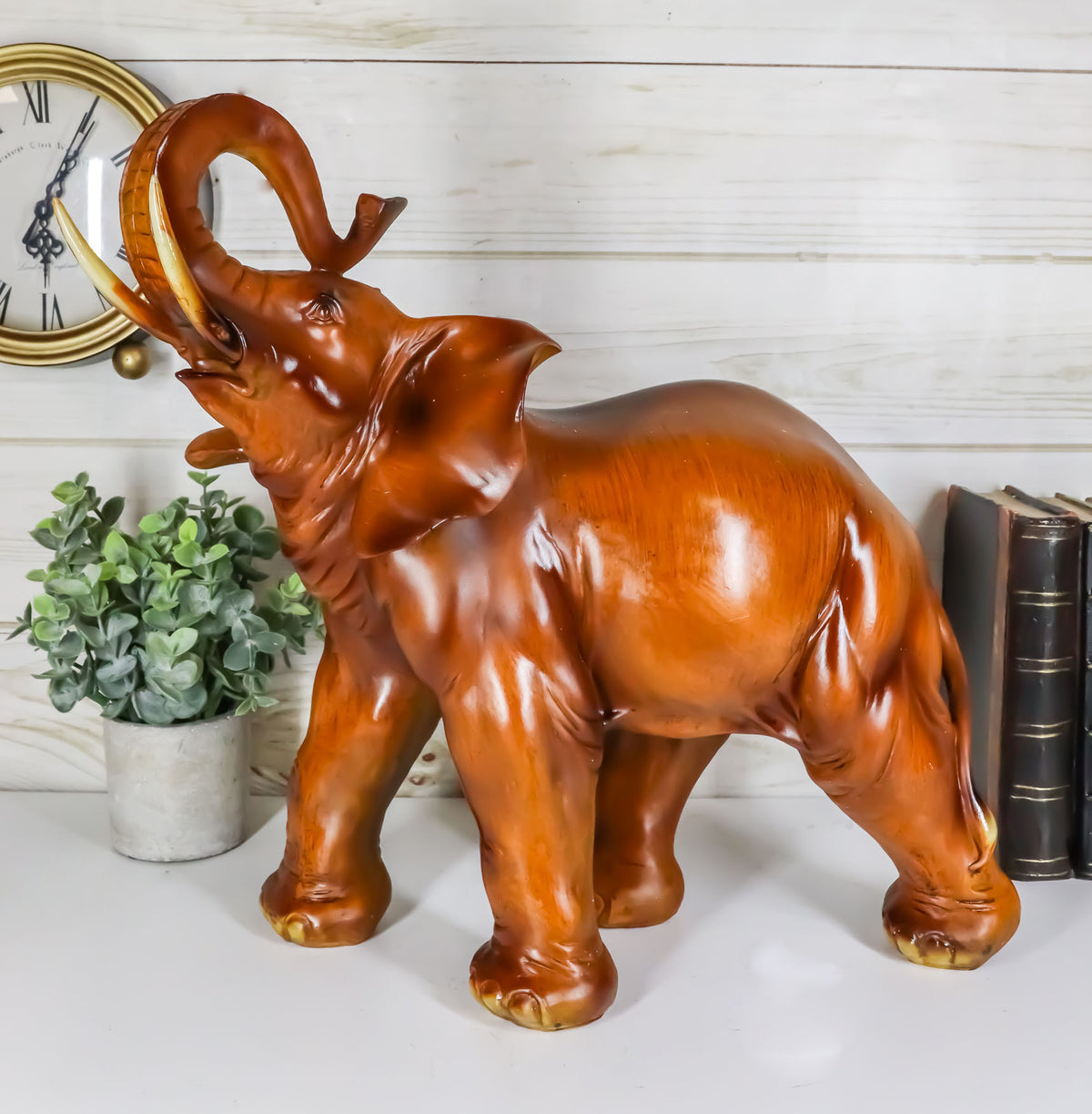 Ebros Faux Mahogany Wood Thai Buddha Elephant With Trunk Up Statue 14.25"Long - Ebros Gift