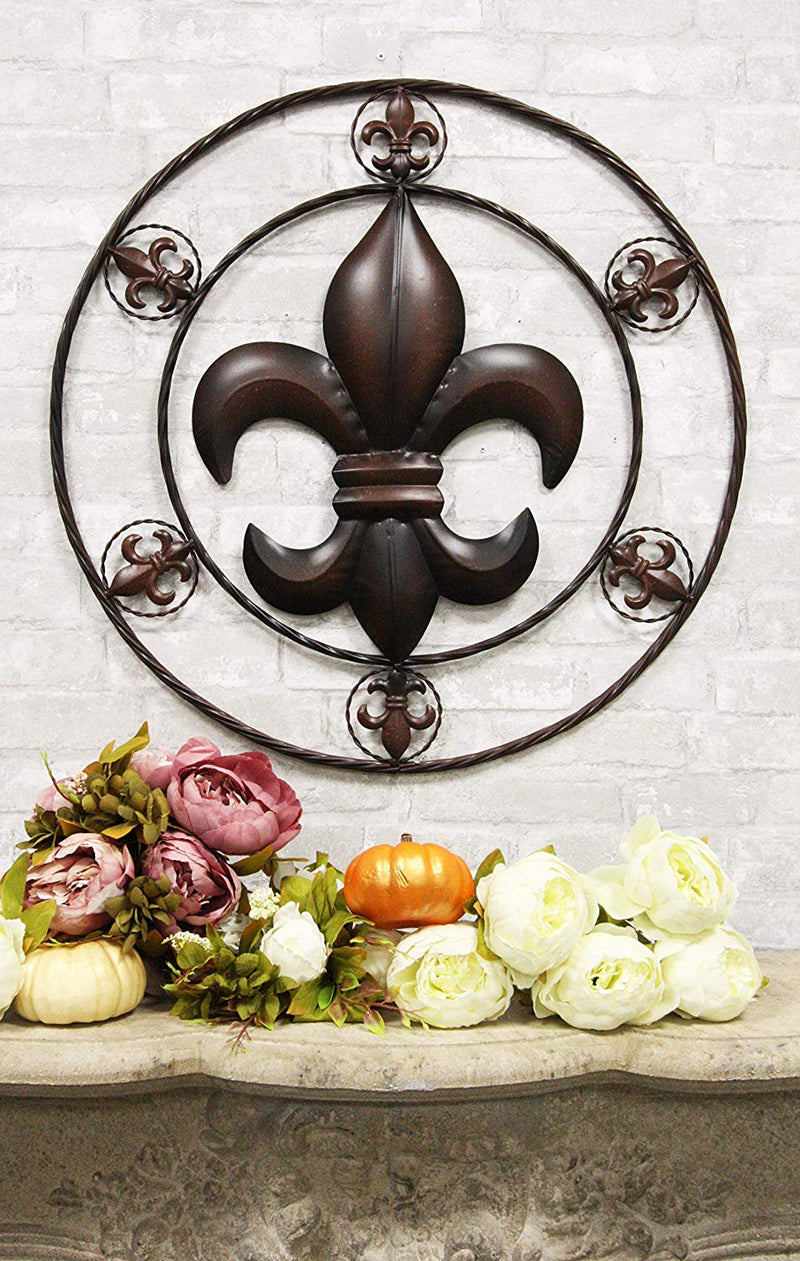 Ebros Gift Oversized 25" Wide Vintage Rustic Fleur De Lis Louisiana Symbol with Braided Rope Metal Aluminum Circle Wall Decor 3D Art Greeting Plaque Southern Western Country