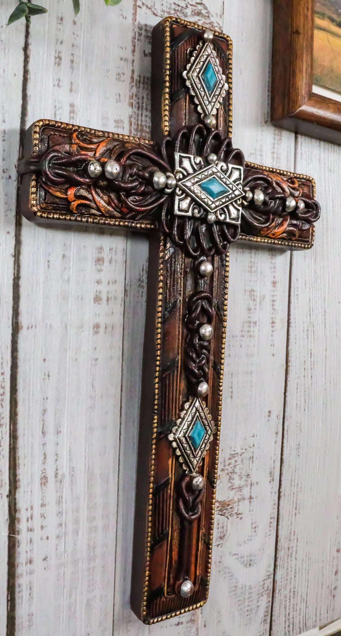 Rustic Western Turquoise Gems Silver Conchos Tooled Leather Wall Cross Decor - Ebros Gift