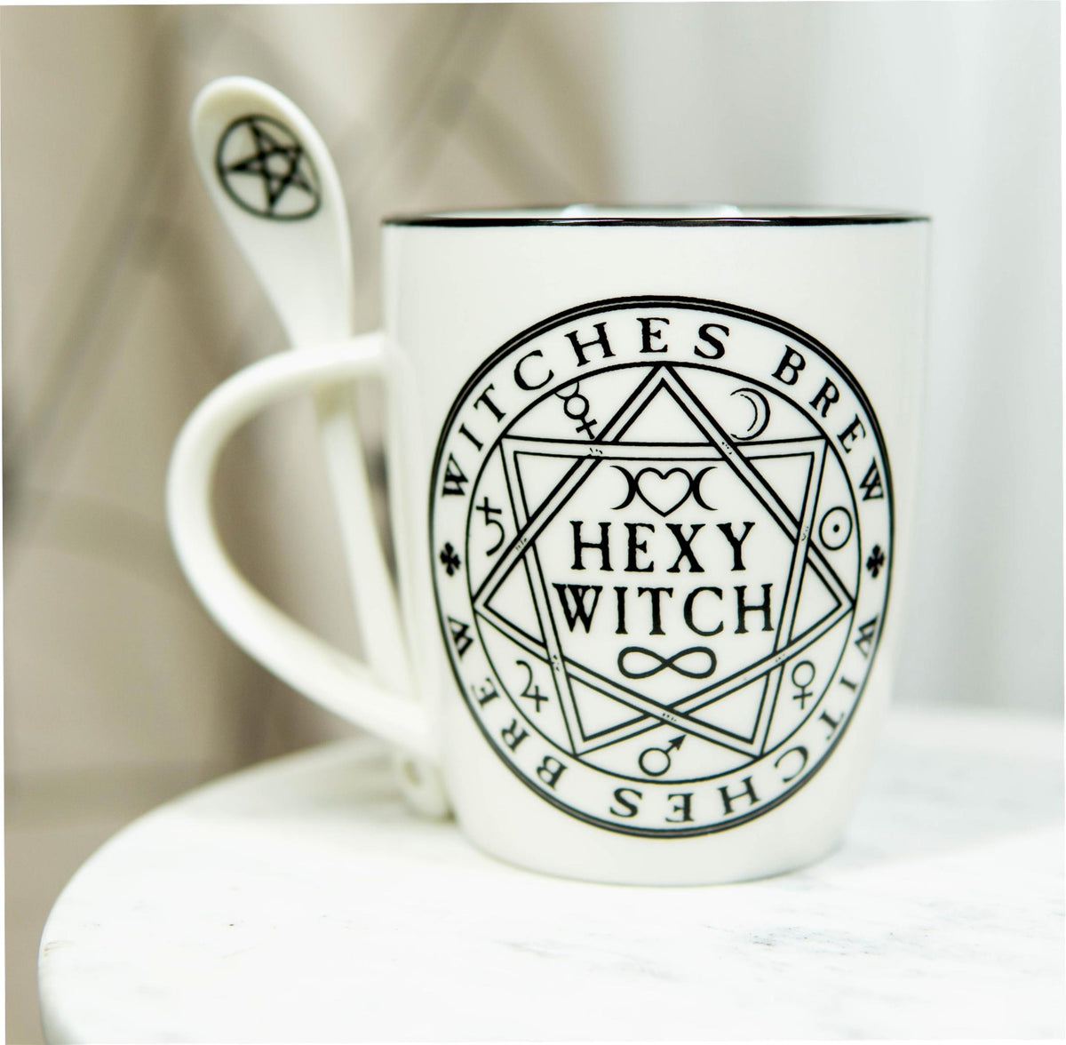 Magical Symbols Pentacles Witches Brew Hexy Witch Coffee Mug And Spoon Set - Ebros Gift