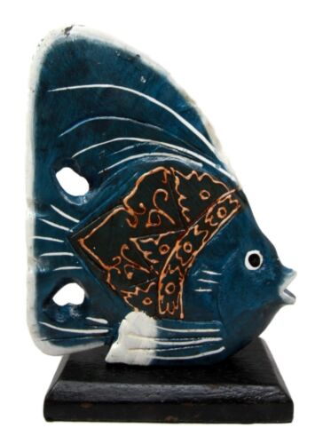 Balinese Wood Handicrafts Blue Tropical Angel Fish Family Set of 3 Figurines