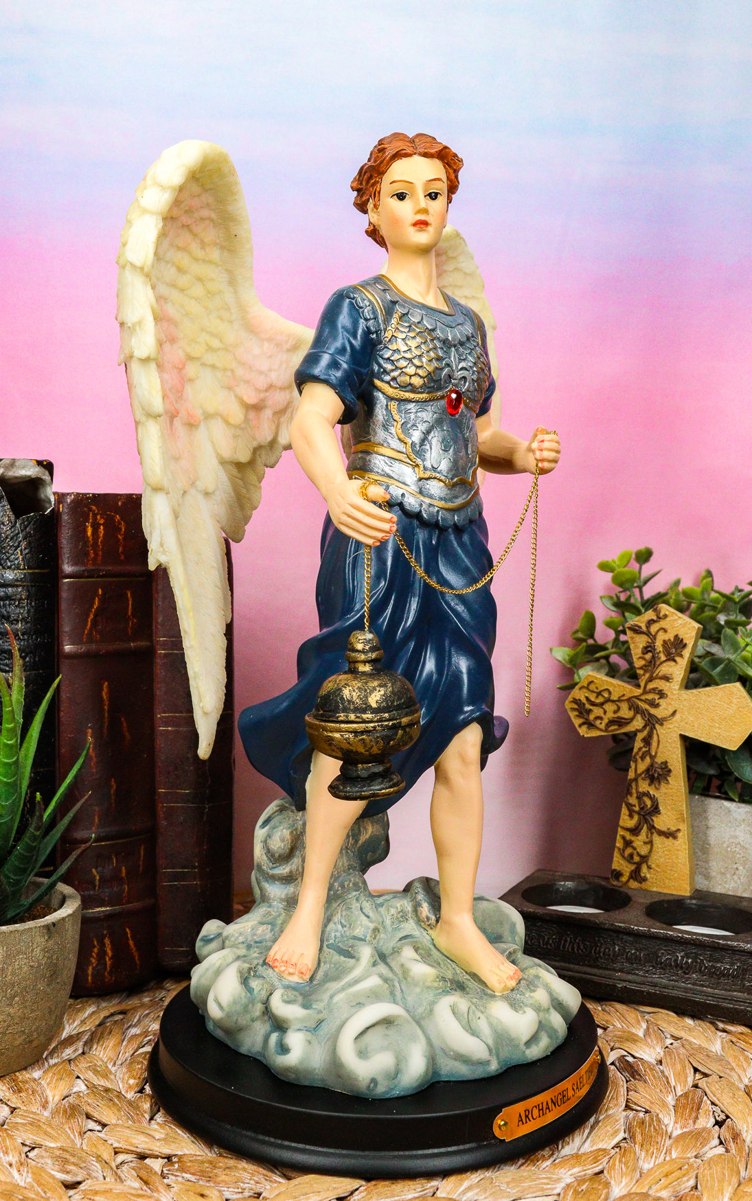 Ebros Byzantine Colorful Archangel Sealtiel Statue with Brass Name Plate 12"H