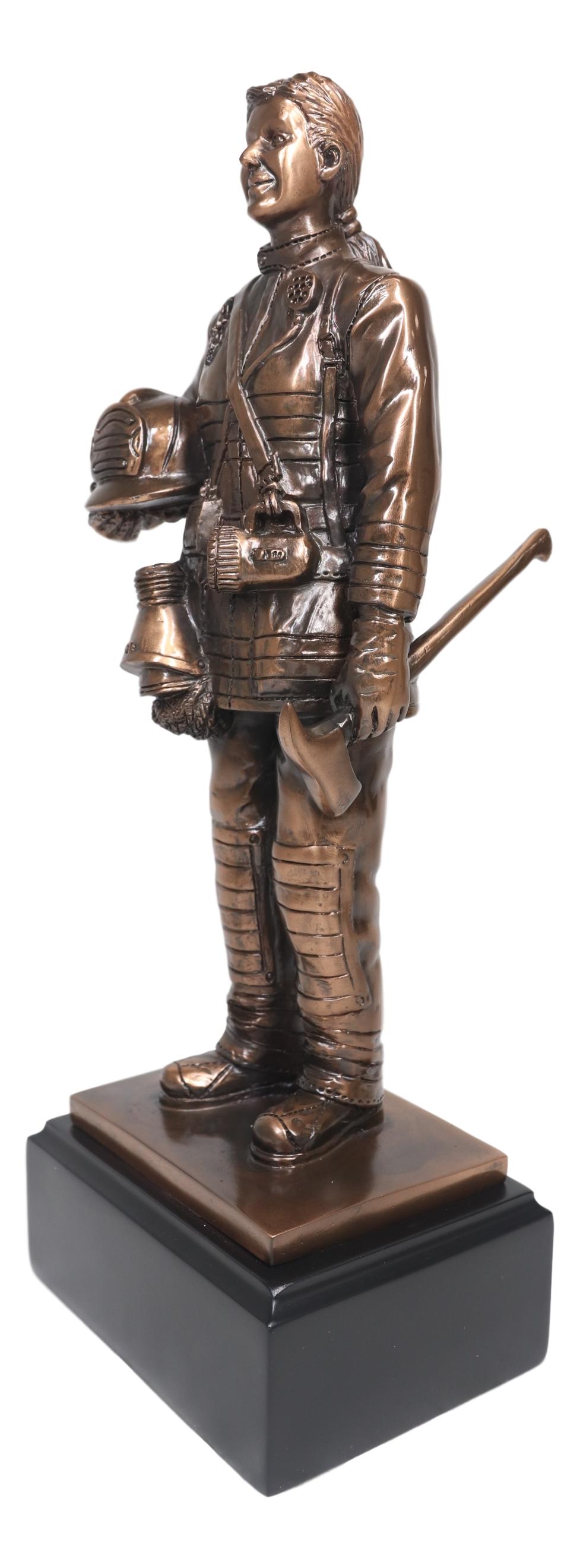 Fire Fighter Civil Service Firewoman With Helmet and Axe On Trophy Base Statue - Ebros Gift