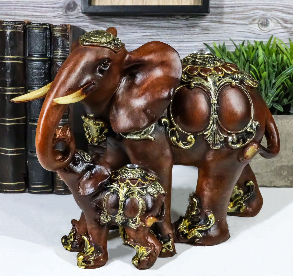 Thai Buddhism Noble Wood Finished Resin Mother Elephant With Calf Figurine Decor - Ebros Gift