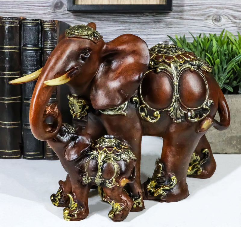 Thai Buddhism Noble Wood Finished Resin Mother Elephant With Calf Figurine Decor