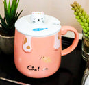Pack Of 2 Pink Calico Cat Catching Fish Tea Coffee Mug With Lid And Spoon 15oz