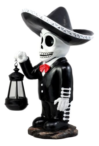 Day Of The Dead Skeleton Mariachi Singer Statue With Solar Powered Lantern LED