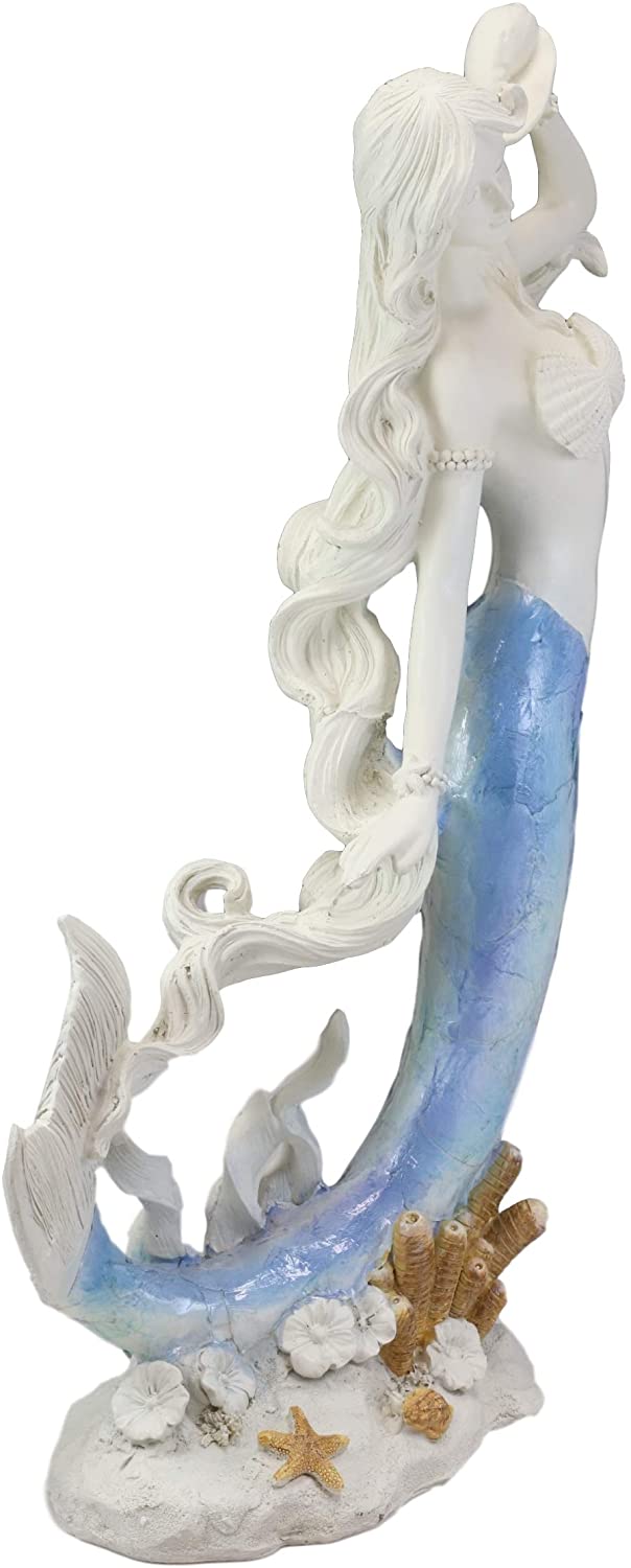 Ebros Large Mermaid Holding Conch Shell Decorative Figurine (Blue & White Ombre)