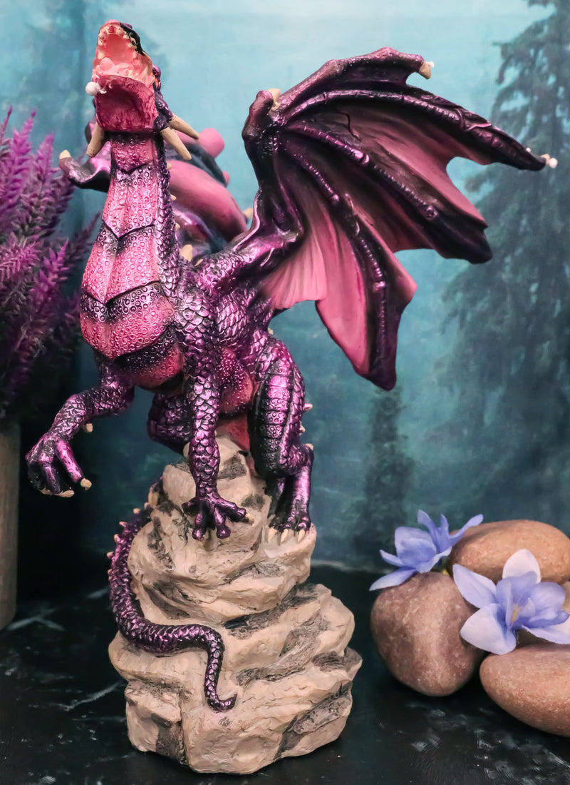 Fantasy Magenta Striped Behemoth Dragon Roaring On Volcanic Rock Mountain Statue