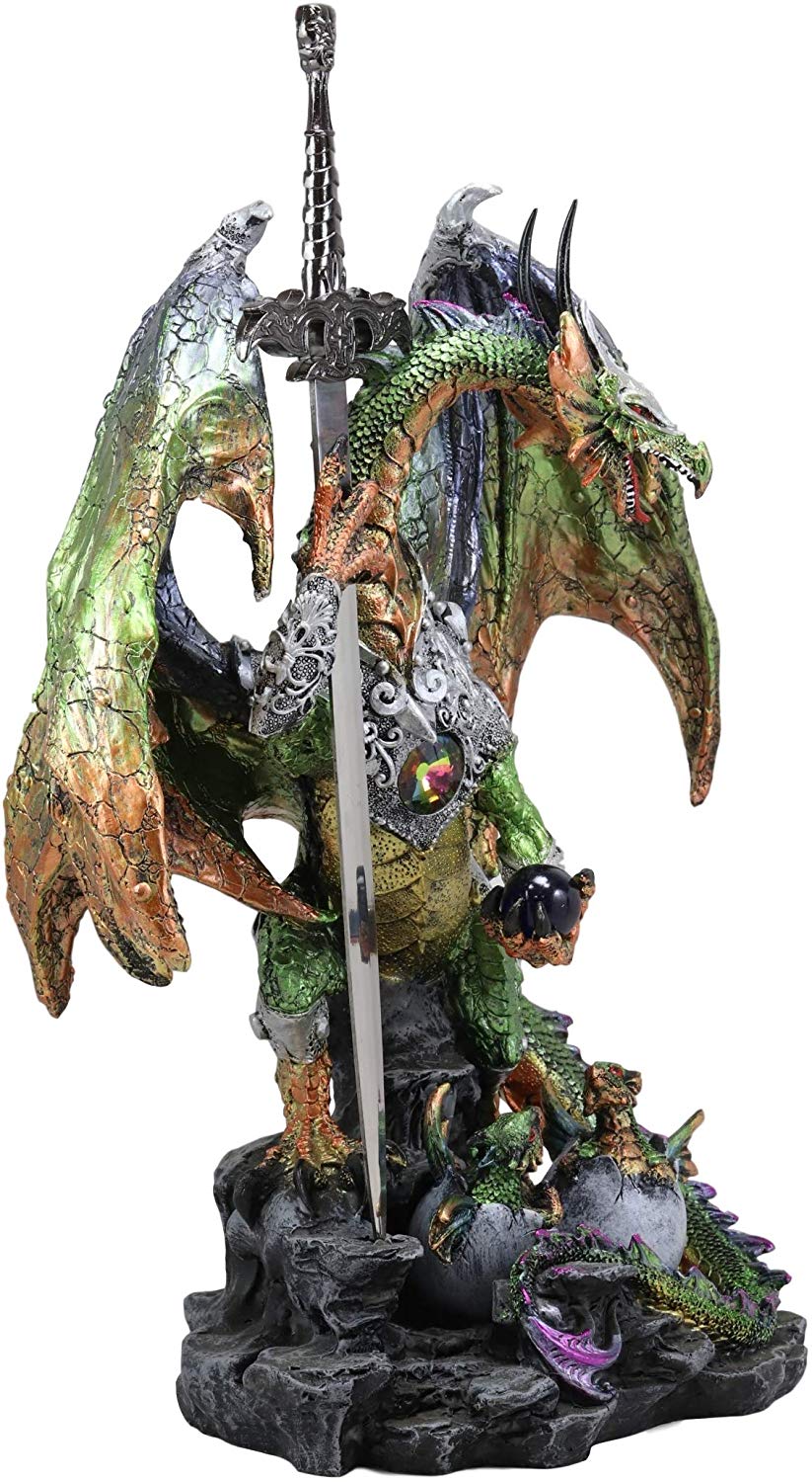 Ebros Gift Large Green Jade Armored Dragon Guardian of The Space Orb and Excalibur Dagger Blade Sword Statue 16.75" Tall