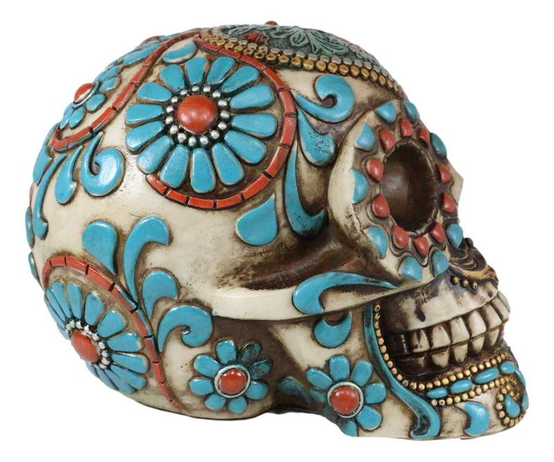 Southwestern Indian Boho Chic Aztec Tooled Skull With Turquoise And Red Stones