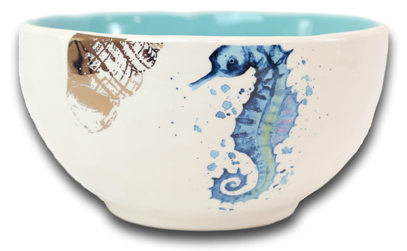 Nautical Blue White Seahorse Ceramic Large 95oz Pasta Salad Soup Serving Bowl