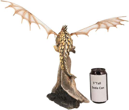 Ebros Gold Color Desert Pterosaur Dinosaur Dragon Perching On Rock Statue 14.5"H - Ebros Gift