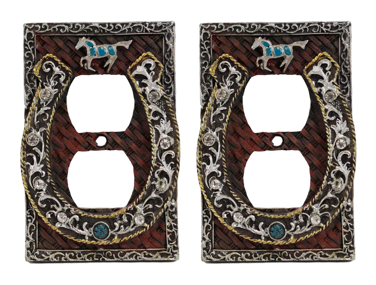 Set of 2 Western Horseshoe Turquoise Mustang Wall Double Receptacle Outlet Plate - Ebros Gift