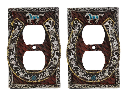 Set of 2 Western Horseshoe Turquoise Mustang Wall Double Receptacle Outlet Plate - Ebros Gift