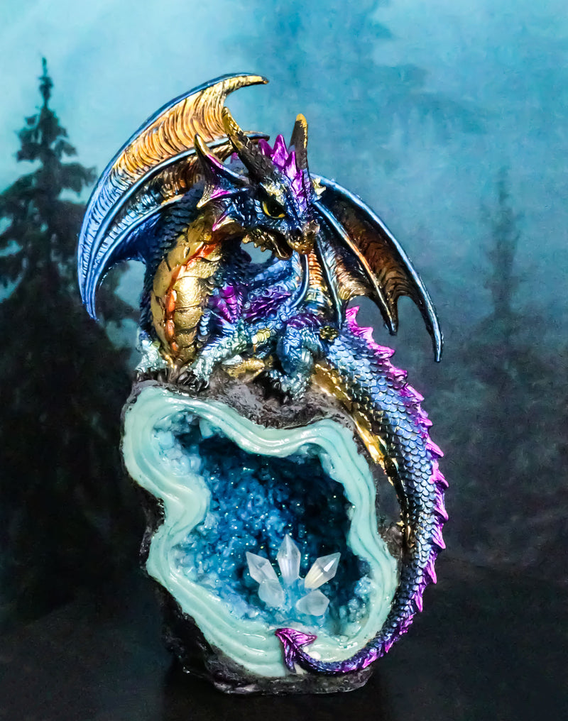 Metallic Blue Iridescent Dragon On Faux Geode Rock Quartz Crystal Cove Figurine