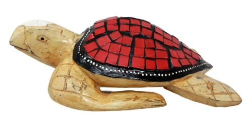 Balinese Wood Handicrafts Ocean Turtle With Painted Glass Shell Figurine 10"L