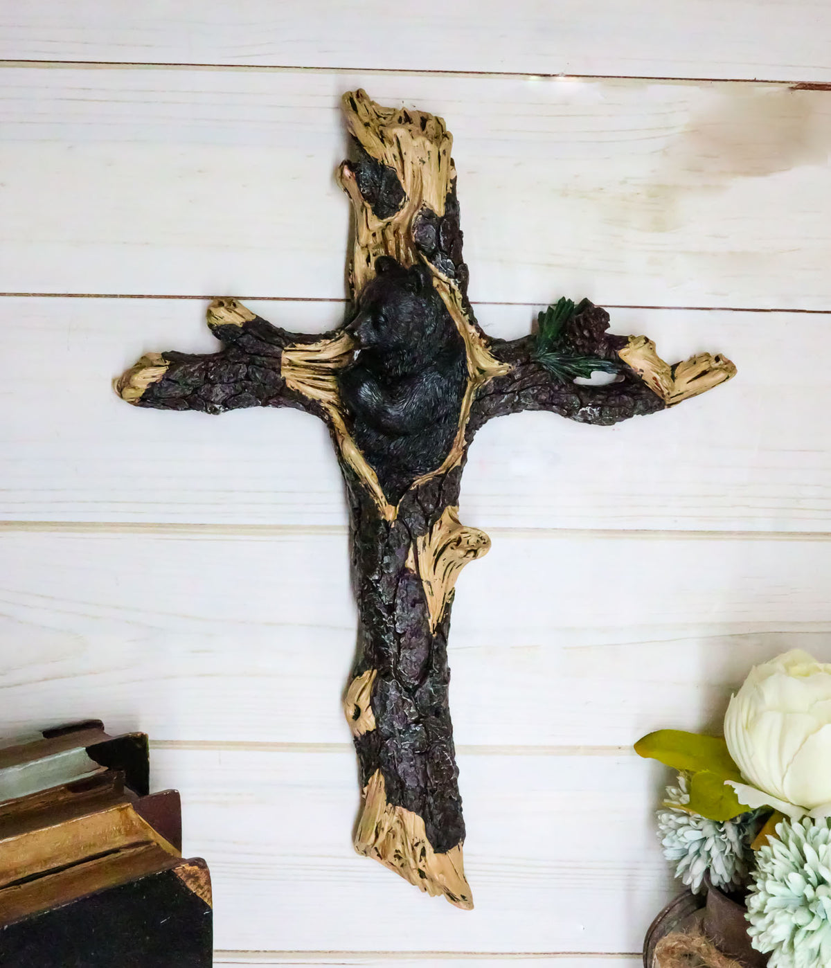 Ebros Gift 14.25" H Rustic Black Bear Cub Sleeping On Pine Tree Wall Cross Decor - Ebros Gift