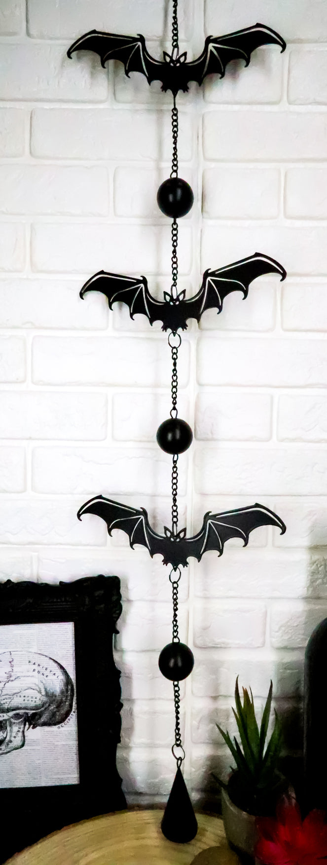 Guardian Of The Night Triple Bats Metal Beaded Wall Hanging Mobile Wind Chime