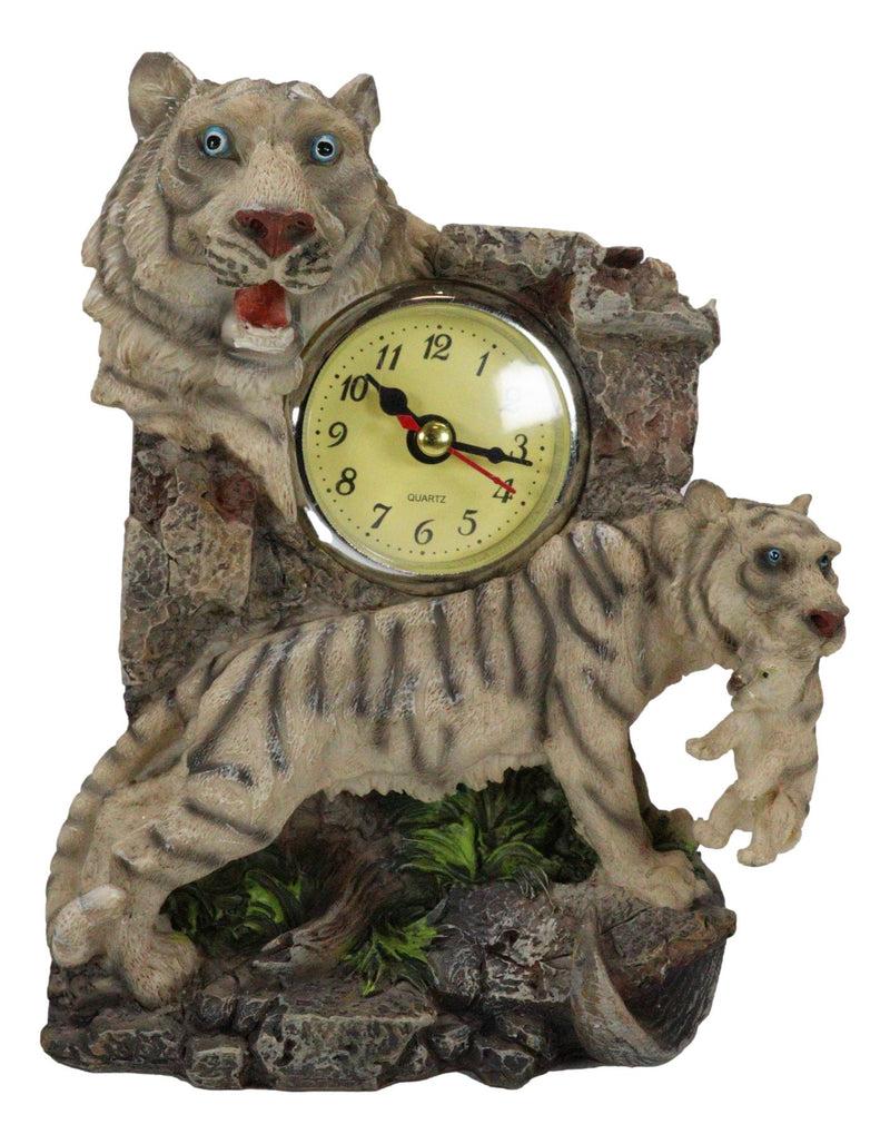 Jungle Rainforest Apex Predator White Tiger And Cub Family Table Clock Figurine