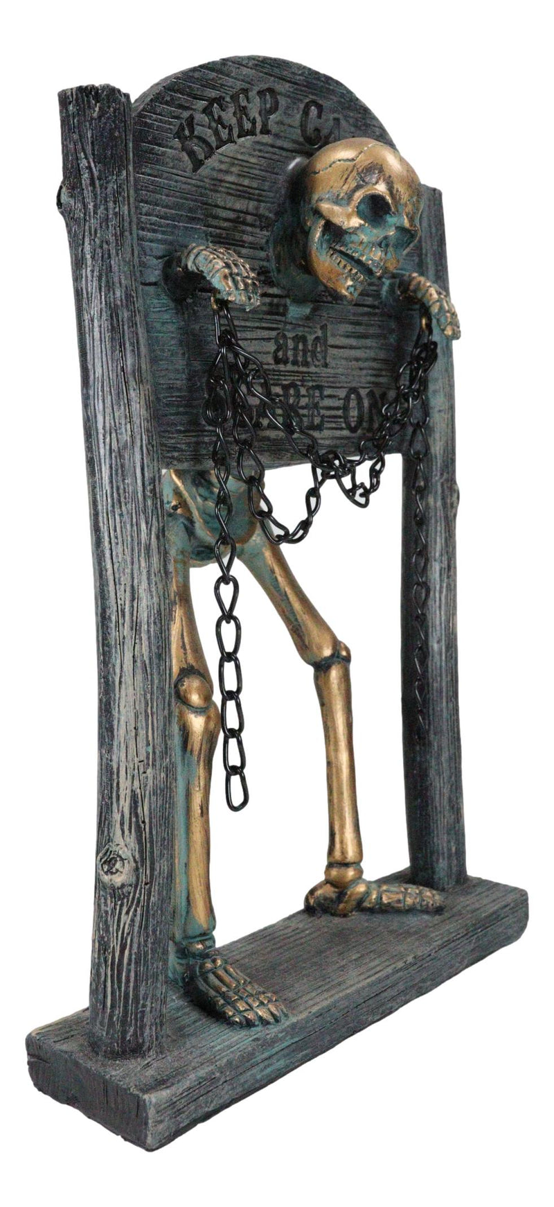 Grinning Skeleton Prisoner Chained At Pillory Keep Calm Scare On Sign Figurine