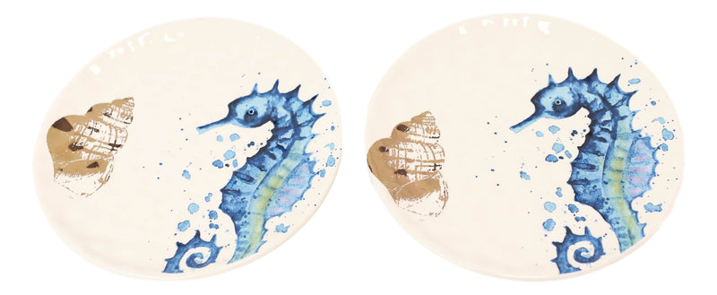 Nautical Marine Blue And White Seahorse Ceramic Salad Appetizer Plates 2 Pack
