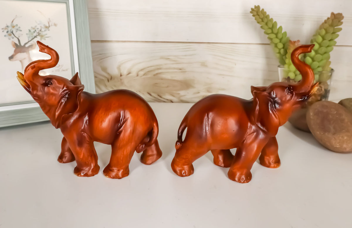 Ebros Faux Wood Feng Shui Elephant with Trunk Up Statue Set of 2 Thai Buddhism - Ebros Gift