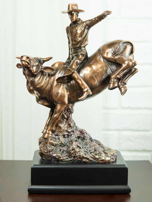 Wild Western Rodeo Cowboy With Bucking Bull Bronze Electroplated Statue - Ebros Gift