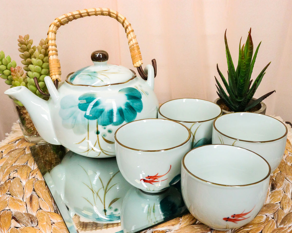 Chinese Art Feng Shui Pond With Koi Fishes Porcelain Tea Pot Set With 4 Cups - Ebros Gift