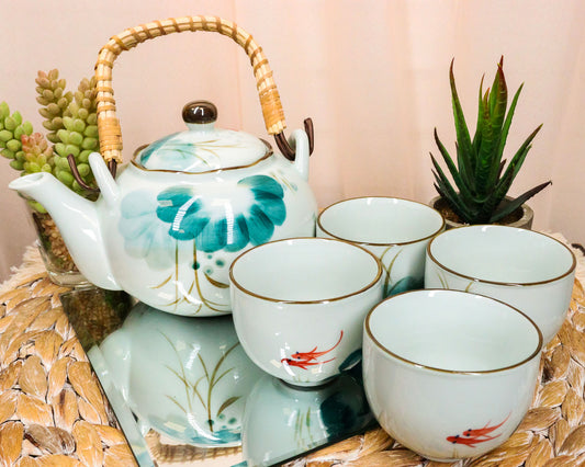 Chinese Art Feng Shui Pond With Koi Fishes Porcelain Tea Pot Set With 4 Cups - Ebros Gift