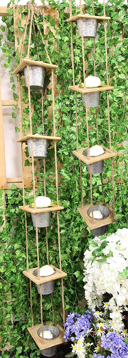 Set of 2 Rope Hanging Galvanized Metal 5 Tier Pot Planters For Indoors Outdoors