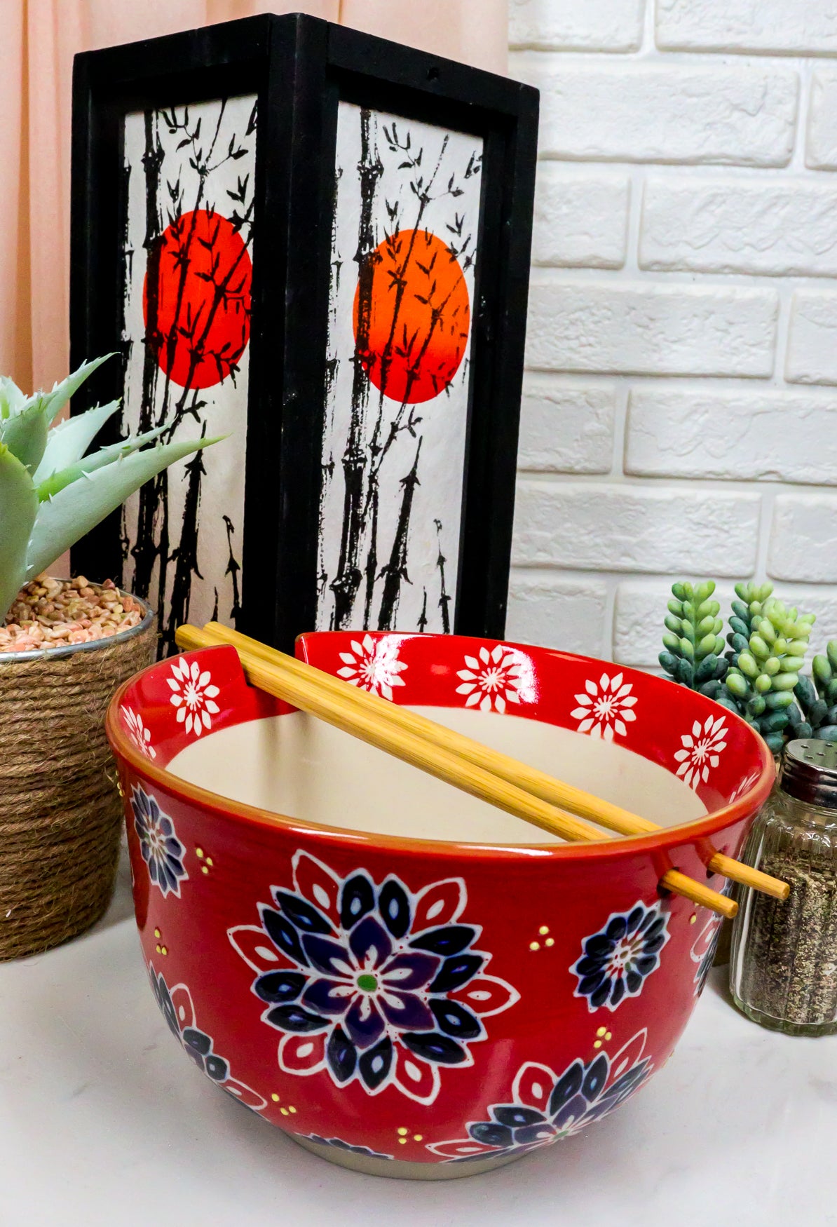 Ebros Red Colorful Divine Flowers Ramen Udon Noodles Large 6.25" Diameter Soup Bowl With Built In Rest and Bamboo Chopsticks Set for Rice Pasta Salad
