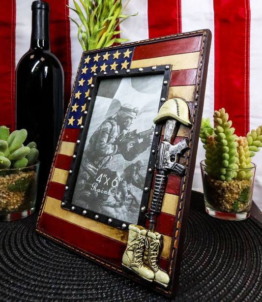 Western Stars USA Flag Fallen Soldier Boots Rifle Helmet Picture Frame 4"X6" - Ebros Gift