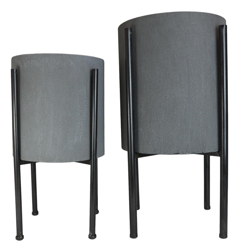 Set of 2 Contemporary Urban Grey Cast Iron Cylindrical Planter Pots With Stand