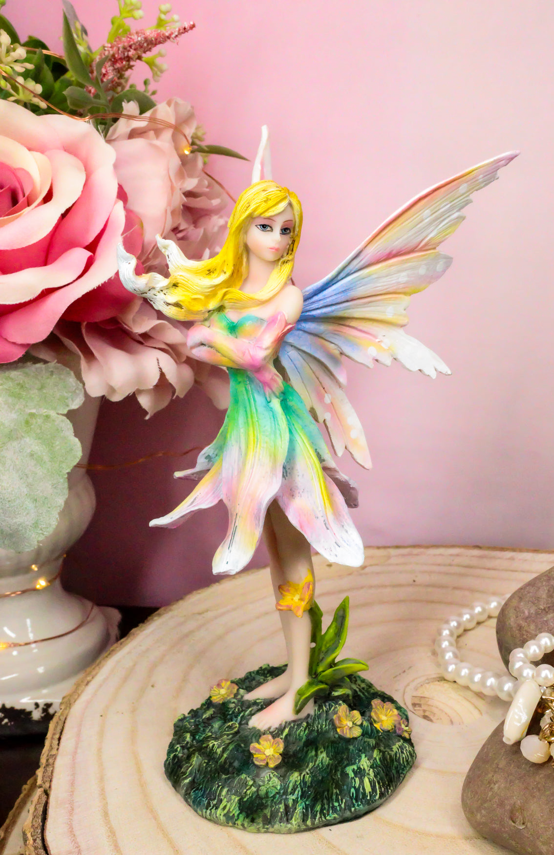 Ebros Fae Garden Meadows Blonde Fairy With Rainbow Lily Petals Dress & Gloves