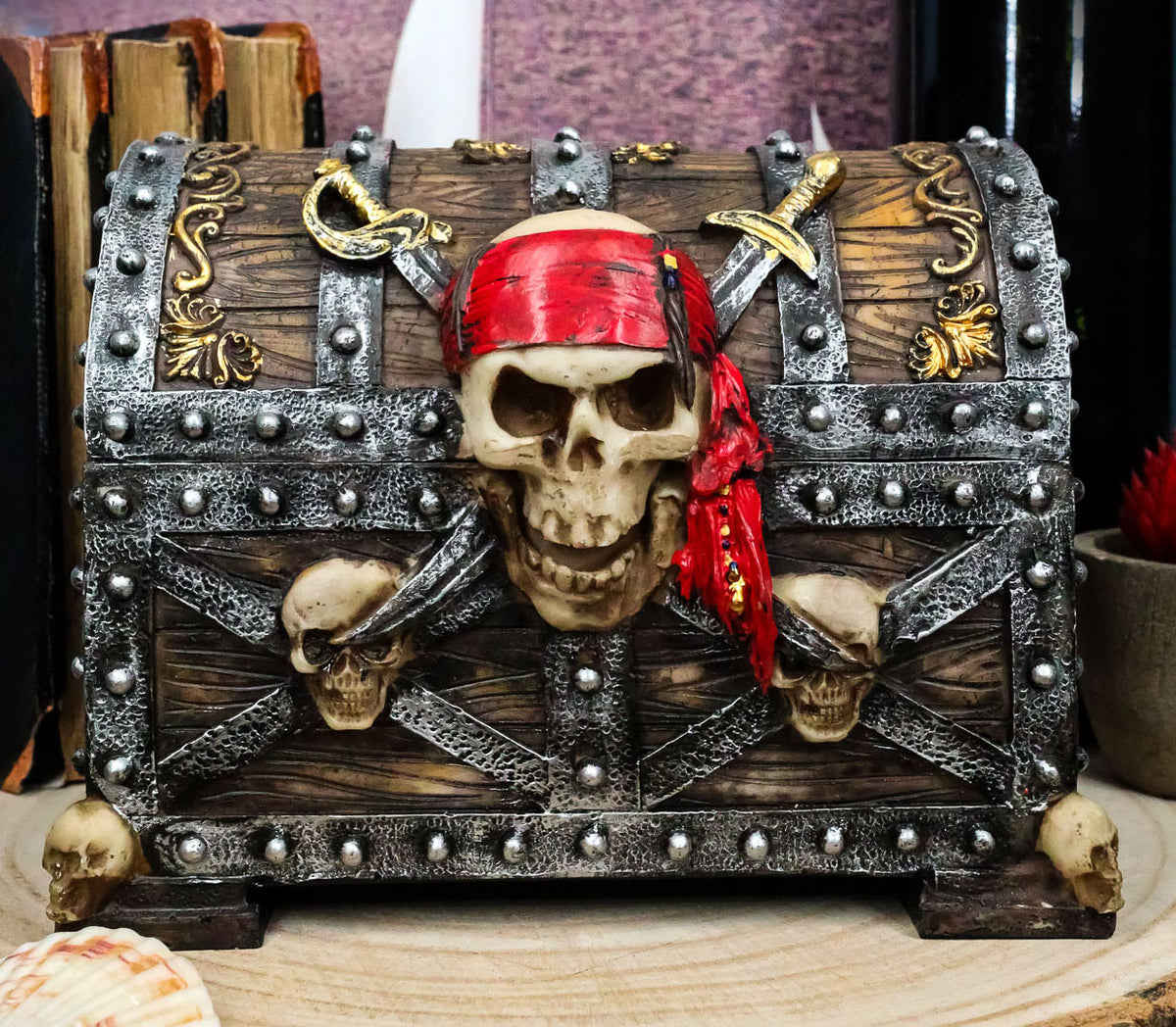 Large Caribbean Pirate Marauder Skull With Criss Cross Blades Treasure Chest Box - Ebros Gift
