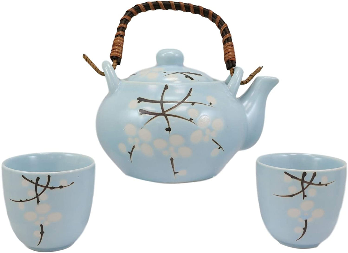 Ebros Cherry Blossom Sakura Pastel Sky Blue Ceramic Tea Pot and Cups Set For 2 - Ebros Gift