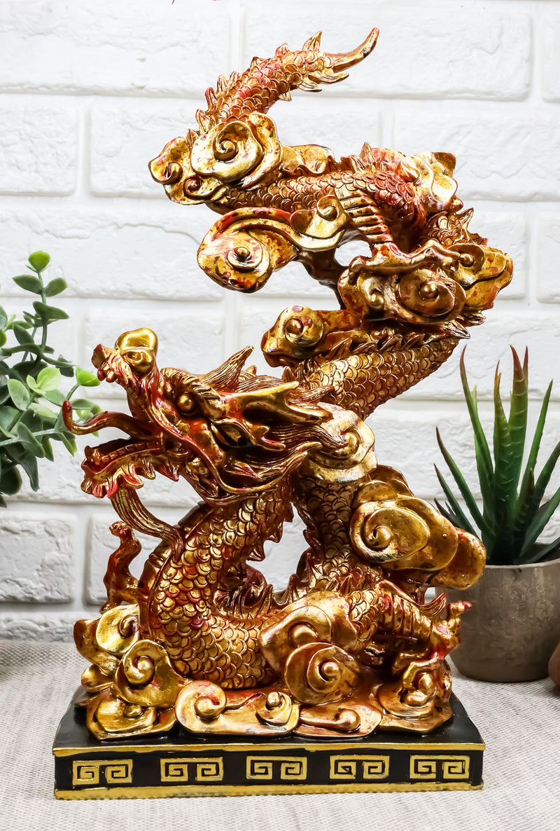 Ebros Feng Shui Nine Dragons Golden Dragon King Statue With Black Base 10.25"H